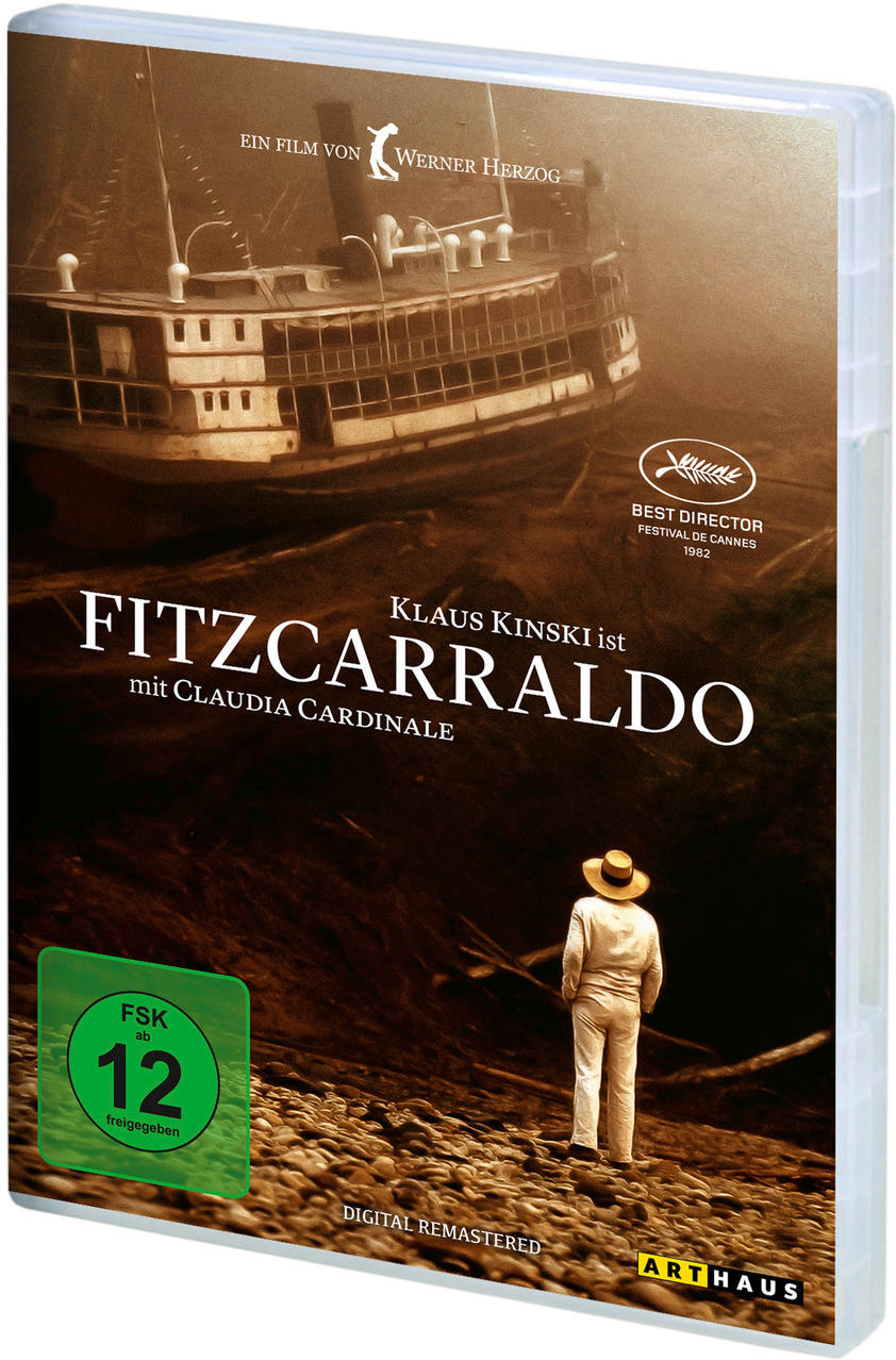 DVD-Hülle mit Fitzcarraldo-Filmcover, zeigt ein Boot und einen Mann an einem felsigen Ufer.