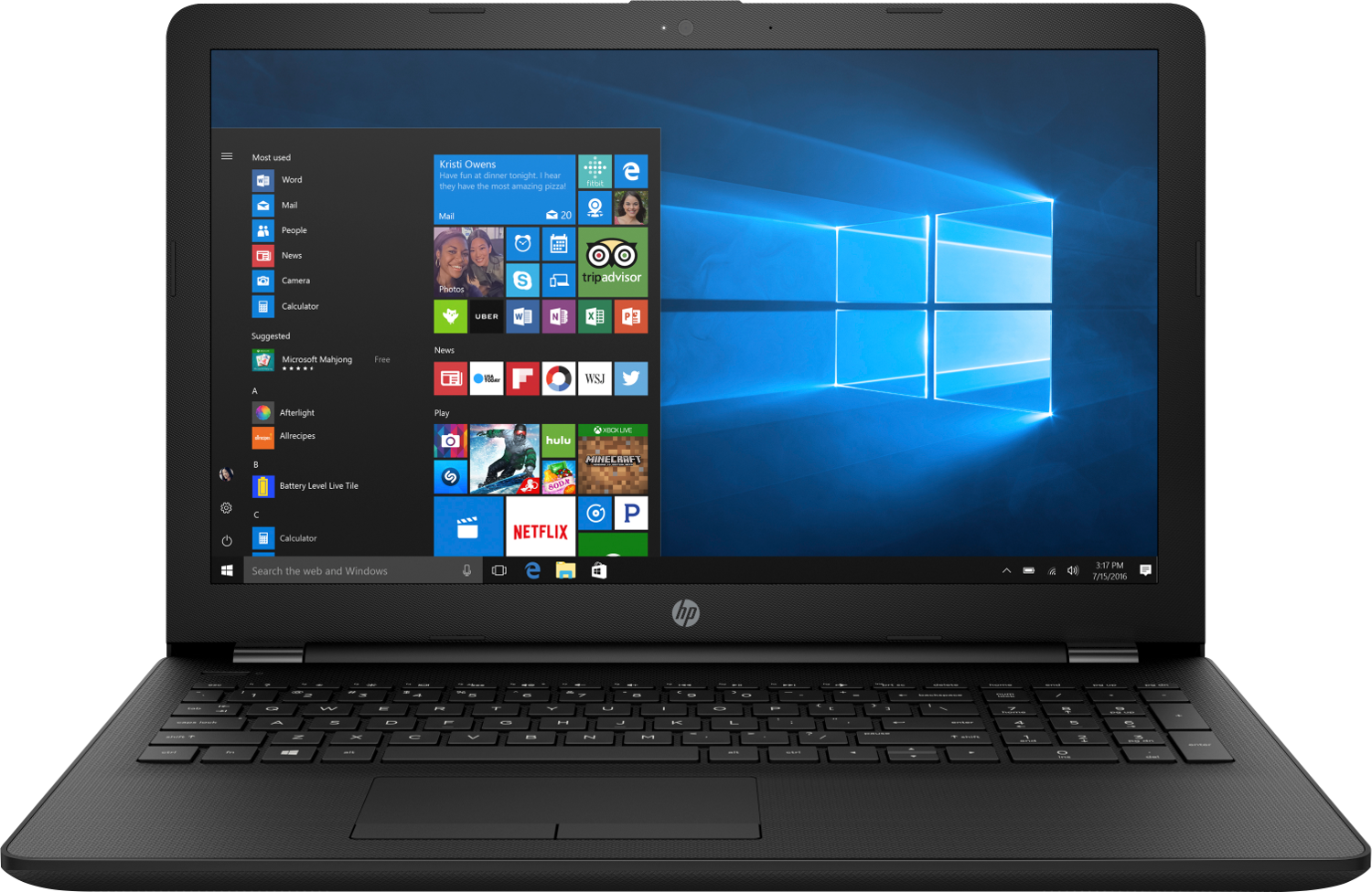 Siyah HP dizüstü bilgisayar açık, Windows arayüzü görüntülüyor. Klavye görünür, beyaz zemin.
