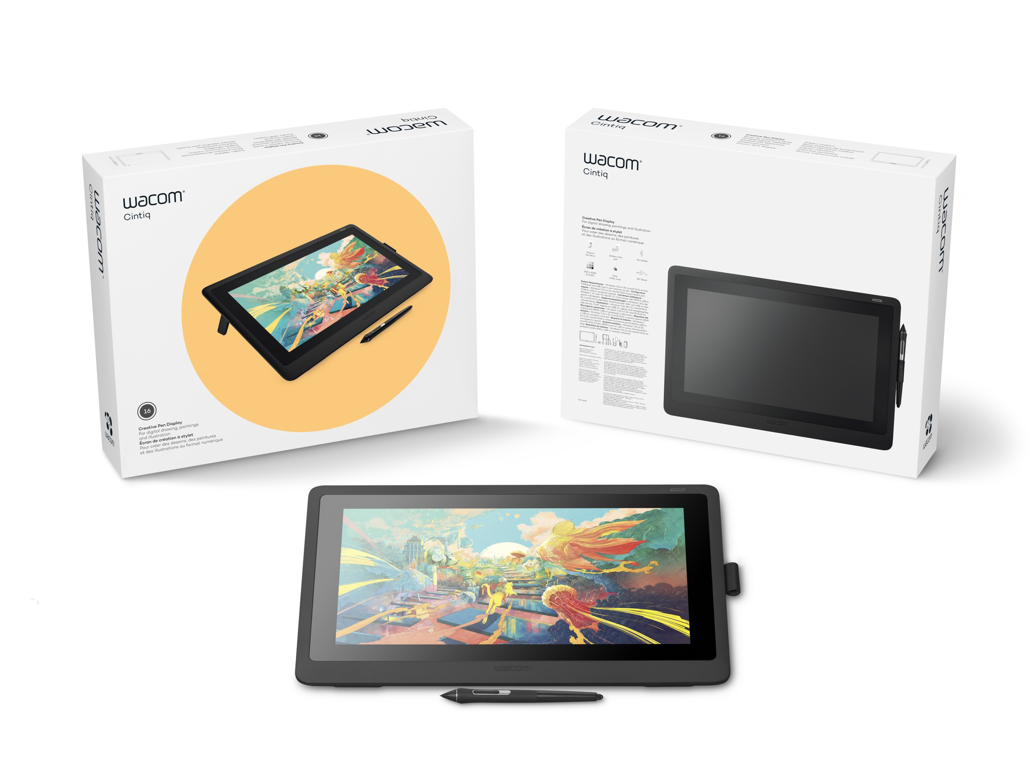 Wacom Cintiq Zeichentablett mit Boxen und Stift. Eine farbenfrohe Landschaft ist auf dem Bildschirm.