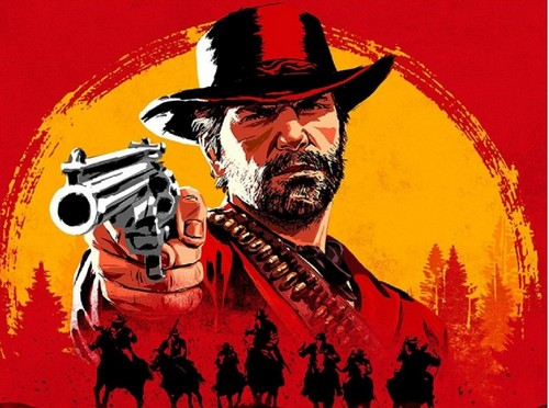 Imagen artística de un hombre con sombrero de vaquero sosteniendo una pistola, con fondo rojo.