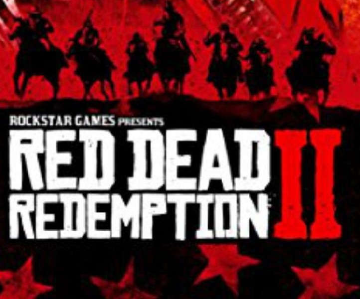 Portada del juego Red Dead Redemption 2 con jinetes silueteados y texto.