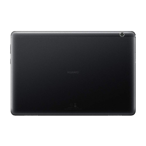 Tableta negra, vista trasera, con el logotipo de Huawei en el centro. Una lente de cámara está en la esquina superior derecha.
