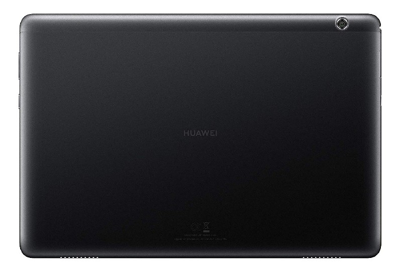 Parte trasera de una tablet Huawei negra, logo Huawei e información regulatoria.