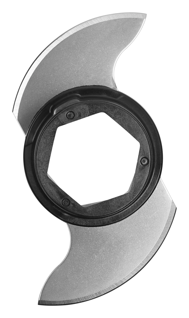 Eine Küchenmaschinenklinge. Sie ist silberfarben mit einem schwarzen Zentralring.