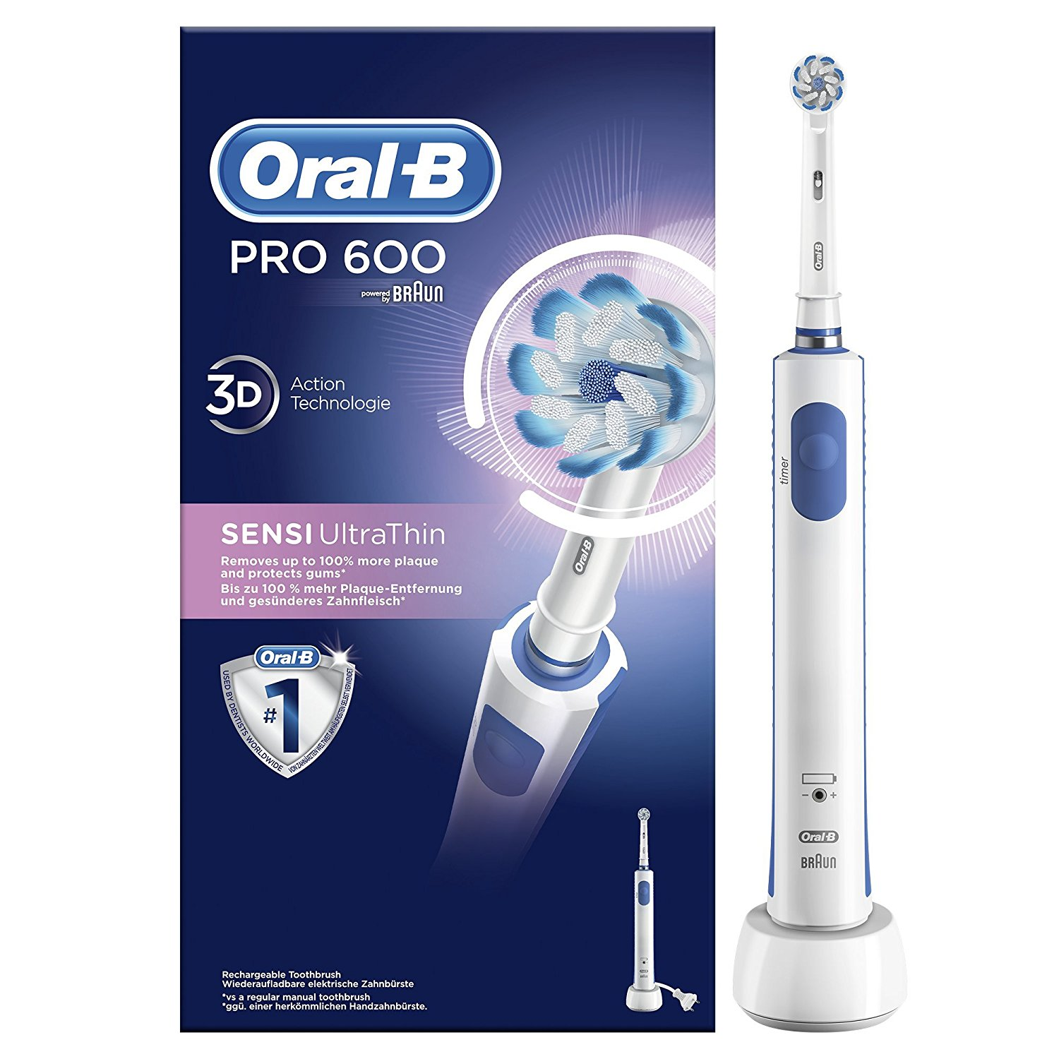 Cepillo Eléctrico - Oral B PRO 600 SensiClean, Tecnología 3D, Temporizador