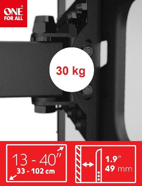 Soporte de TV negro con capacidad de 30 kg. Muestra tamaños de 13-40 pulgadas y 1,9 pulgadas de profundidad.