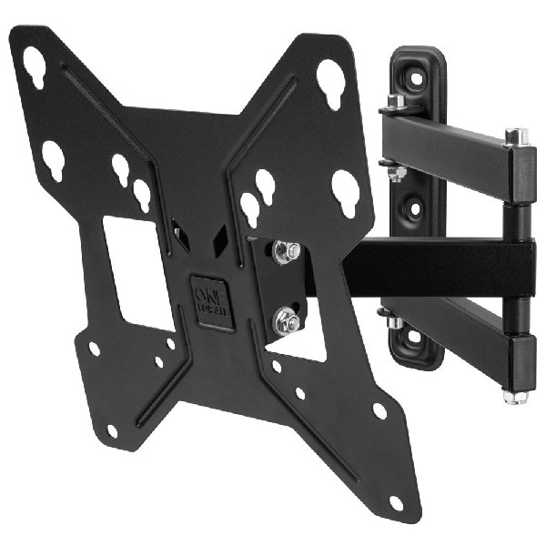 Soporte de pared para TV negro. Tiene una placa cuadrada con agujeros y un brazo con pernos.