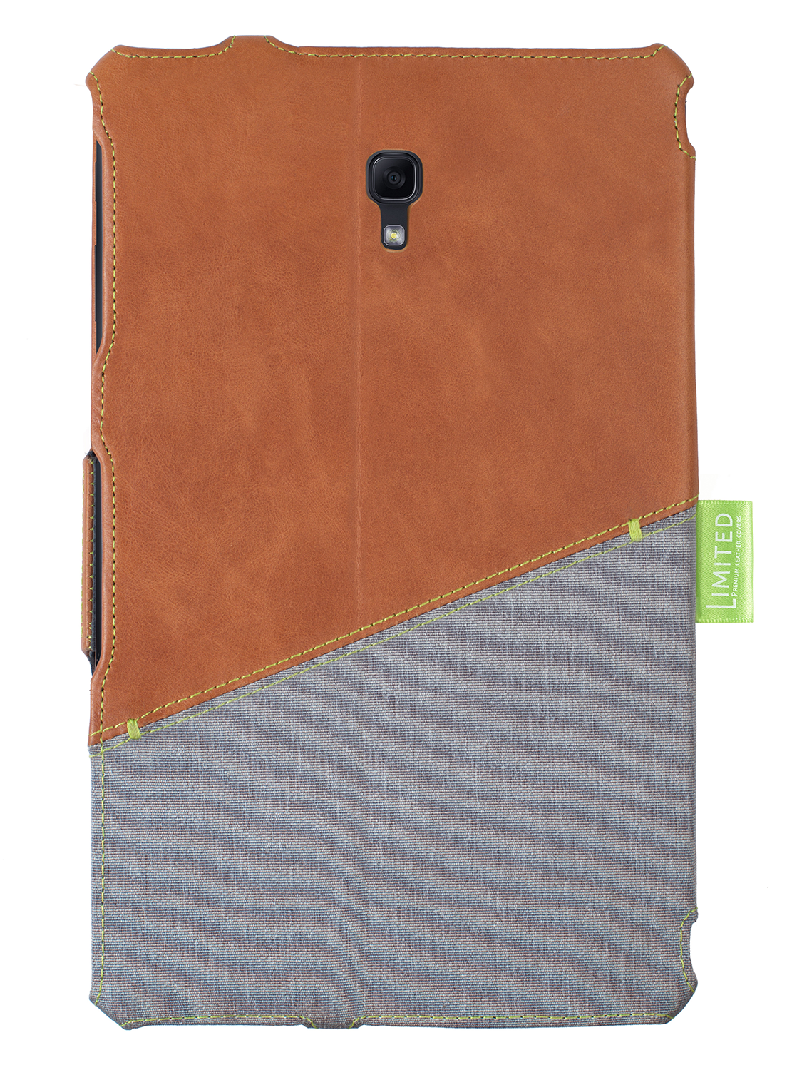 Brown and gray tablet case. Brown top, gray bottom, green label. White background.