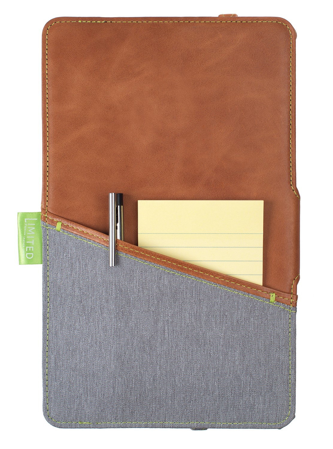 Brown and blue notepad case with a pen, yellow notepad, and green accent stitching.