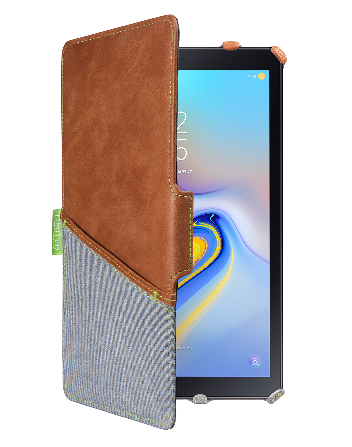 A brown and gray tablet case with a tablet inside, with a light green label that says 'LIMITED'.