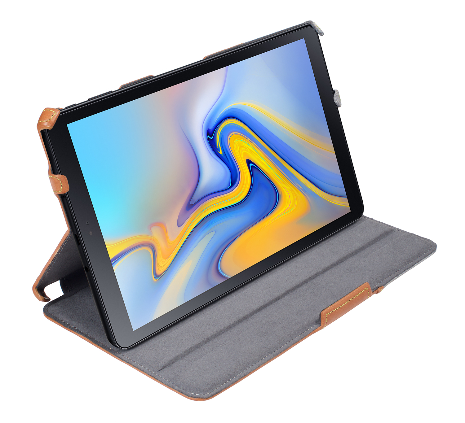 A tablet in a brown case is angled open on a white background. The screen is on.