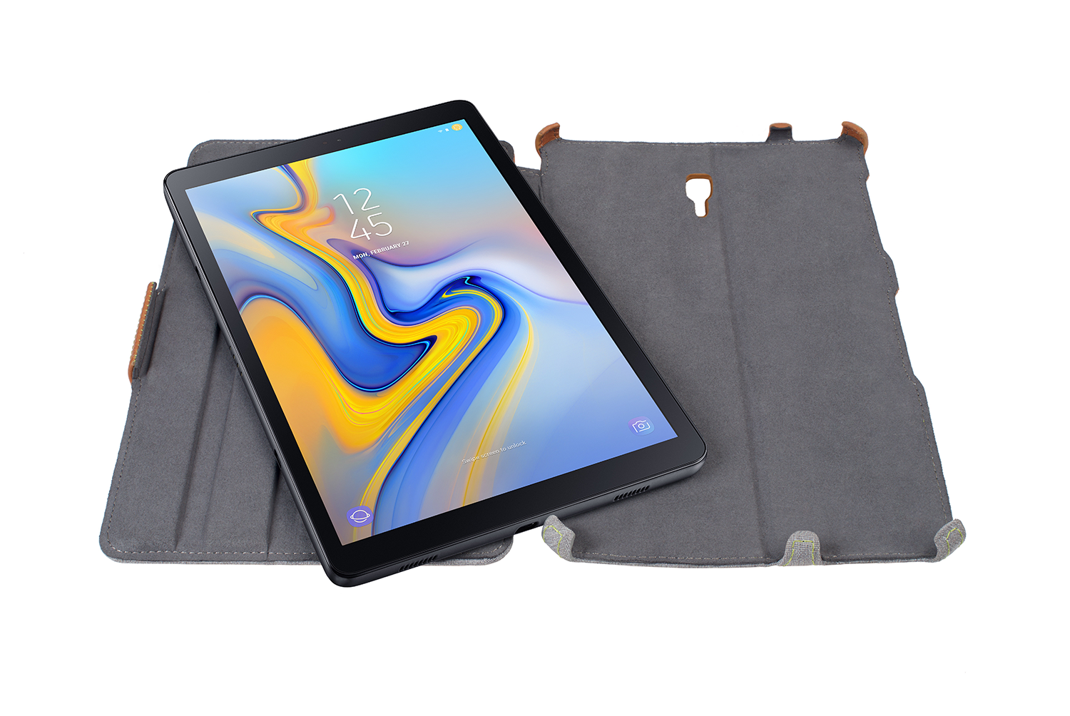 Tablet with cover open, showing screen, on a white surface, with cover around.