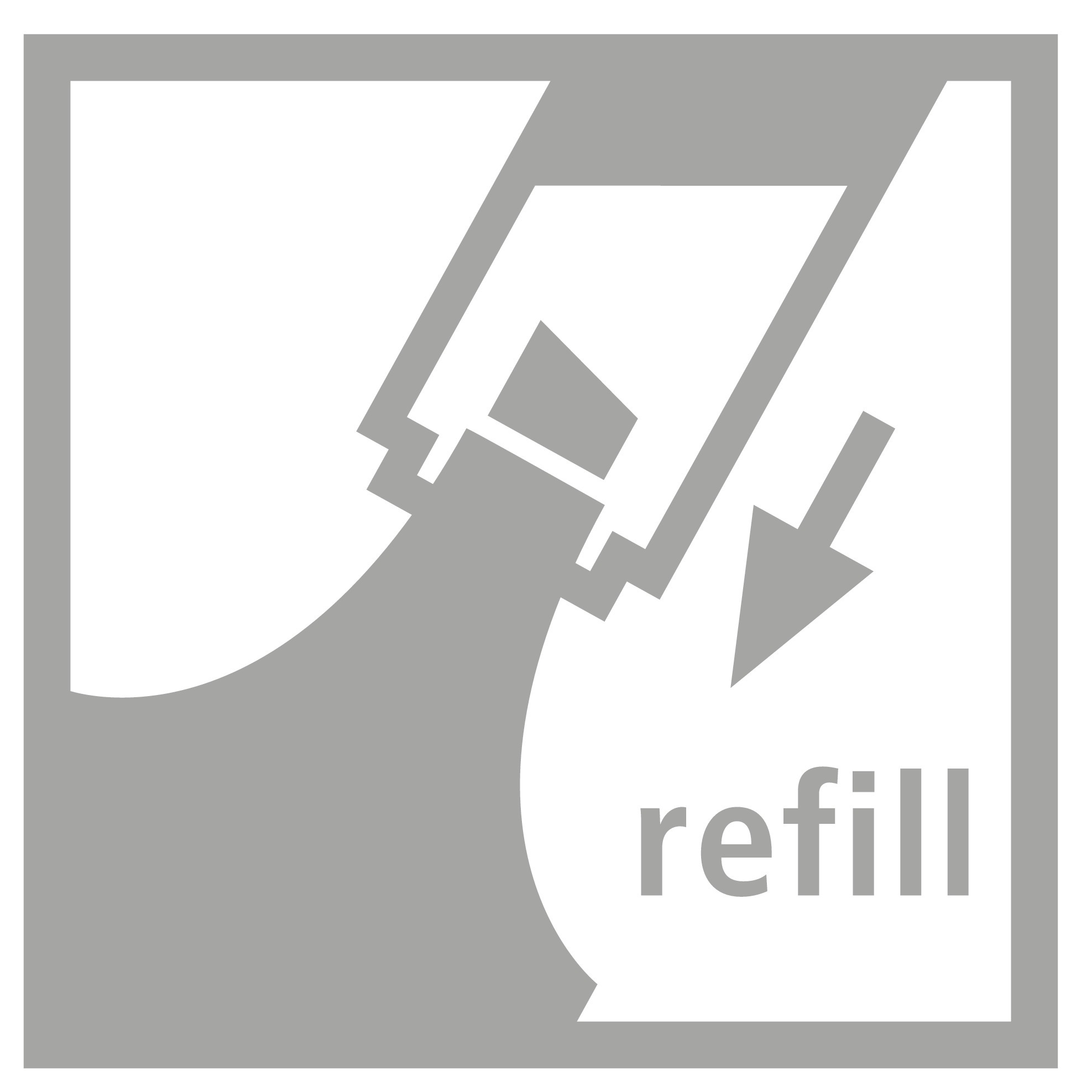 Graues und weißes Schild mit einer Flasche, die Flüssigkeit ausgießt, und dem Wort 'refill'.