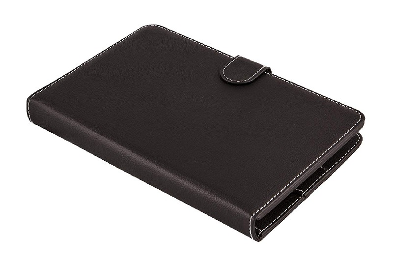 Un cuaderno de cuero marrón oscuro cerrado con costuras blancas y un cierre de botón.
