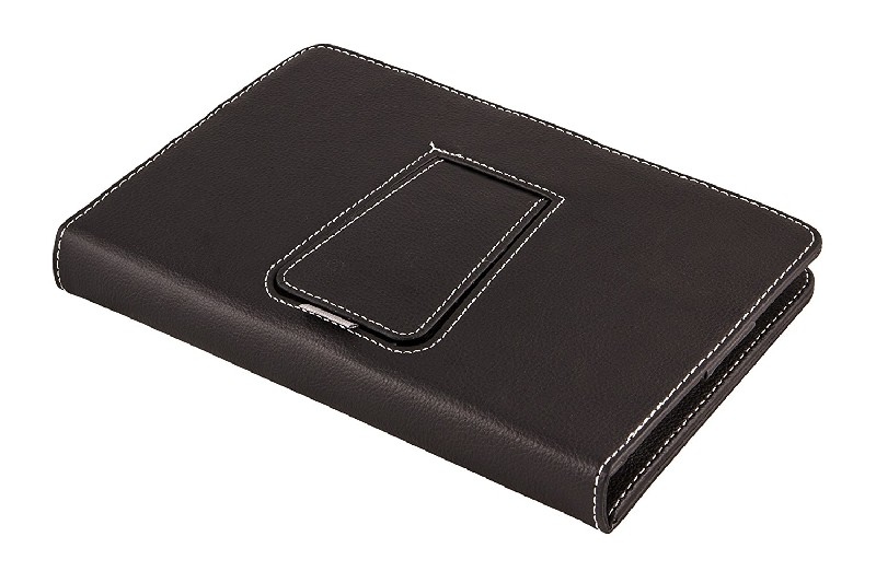 Funda para tableta marrón oscuro con costuras blancas y un soporte.