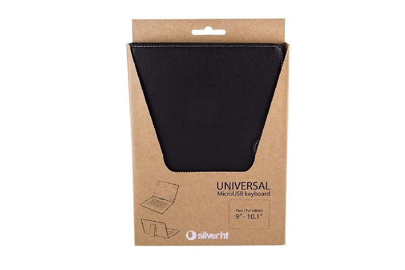 Funda negra para teclado de tableta en caja de cartón marrón con detalles del producto.