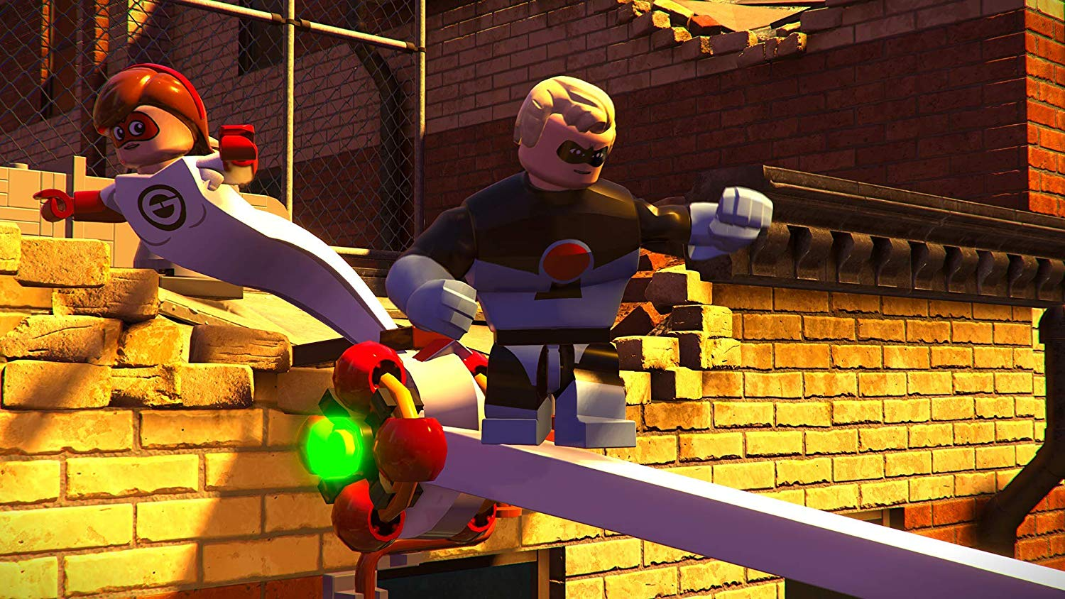 Personajes de Lego de Los Increíbles. Escena de acción con láser rojo.