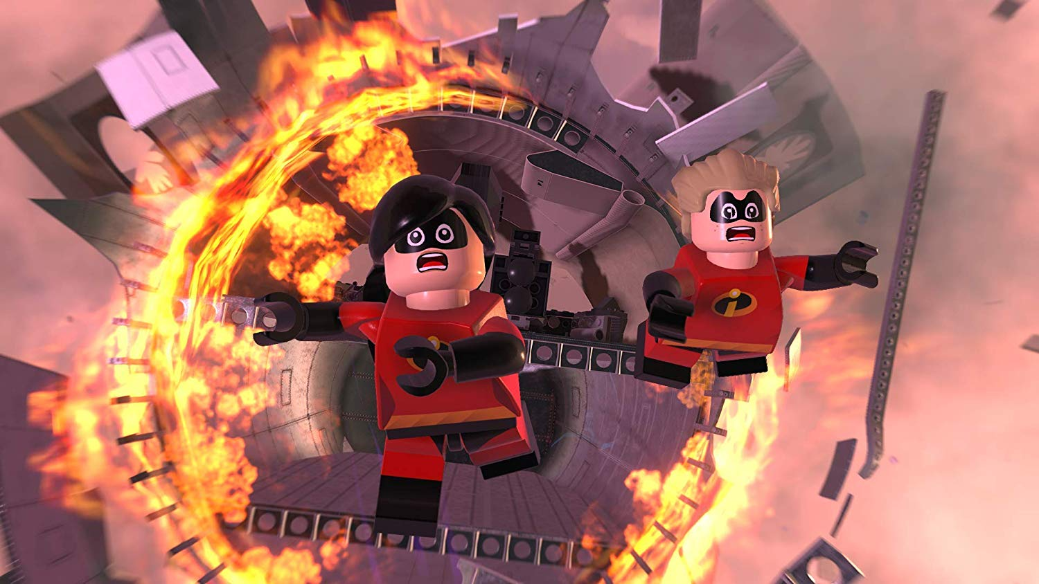 Personajes de Lego Incredibles en el aire, rodeados de fuego y escombros, con expresiones de preocupación.