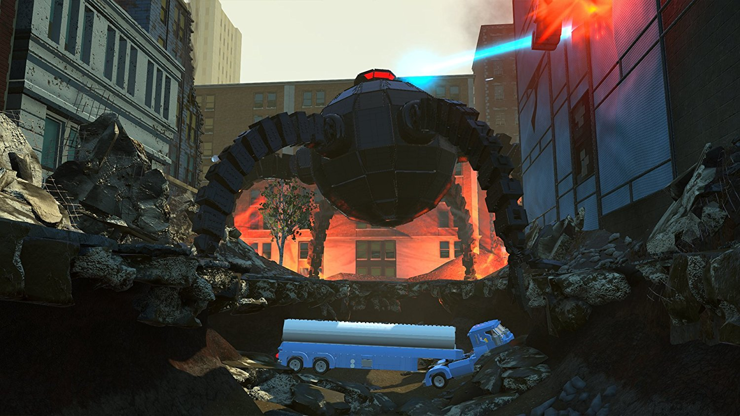 Escena de Lego de un robot atacando una ciudad, con un camión cisterna y escombros.