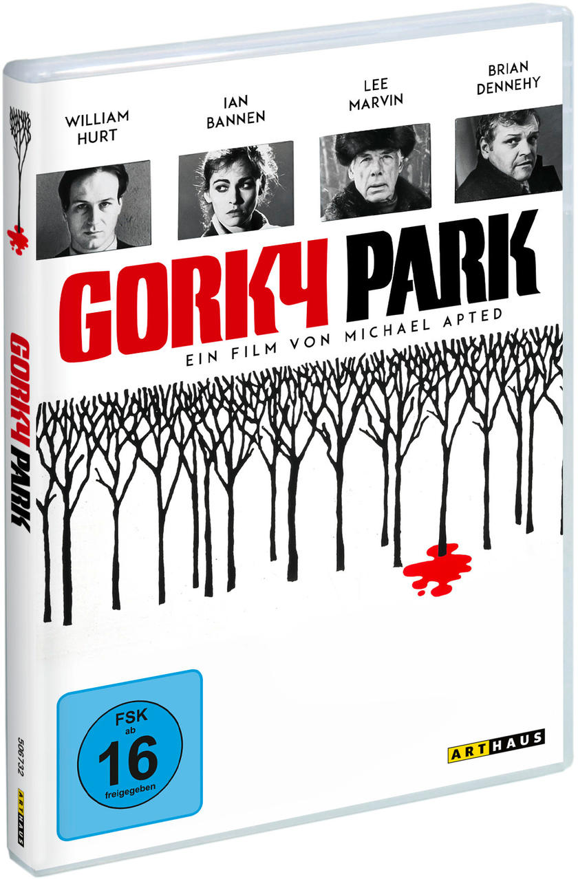 DVD-Cover mit Filmtitel: Gorky Park. Bäume und ein Tropfen roter Farbe.