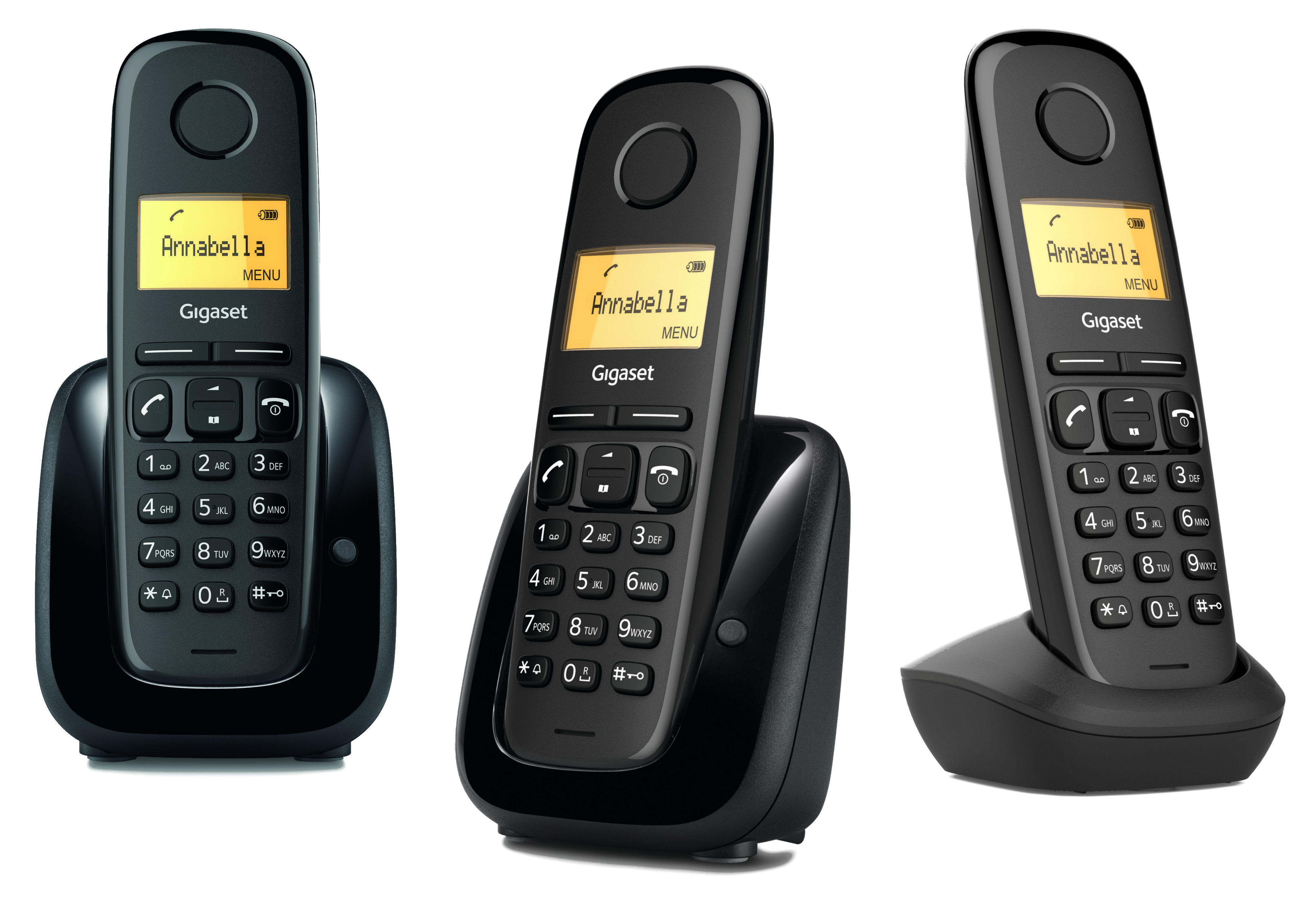 Tres teléfonos inalámbricos Gigaset negros en sus bases de carga. La pantalla muestra 'Annabella'.