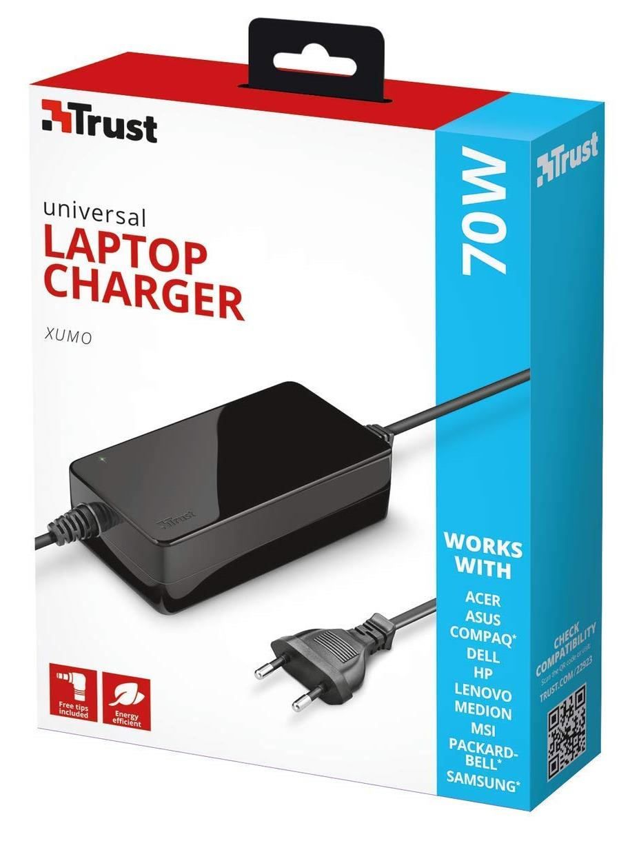 Cargador para portátil universal - Trust 70W Primo Laptop Charger, color negro