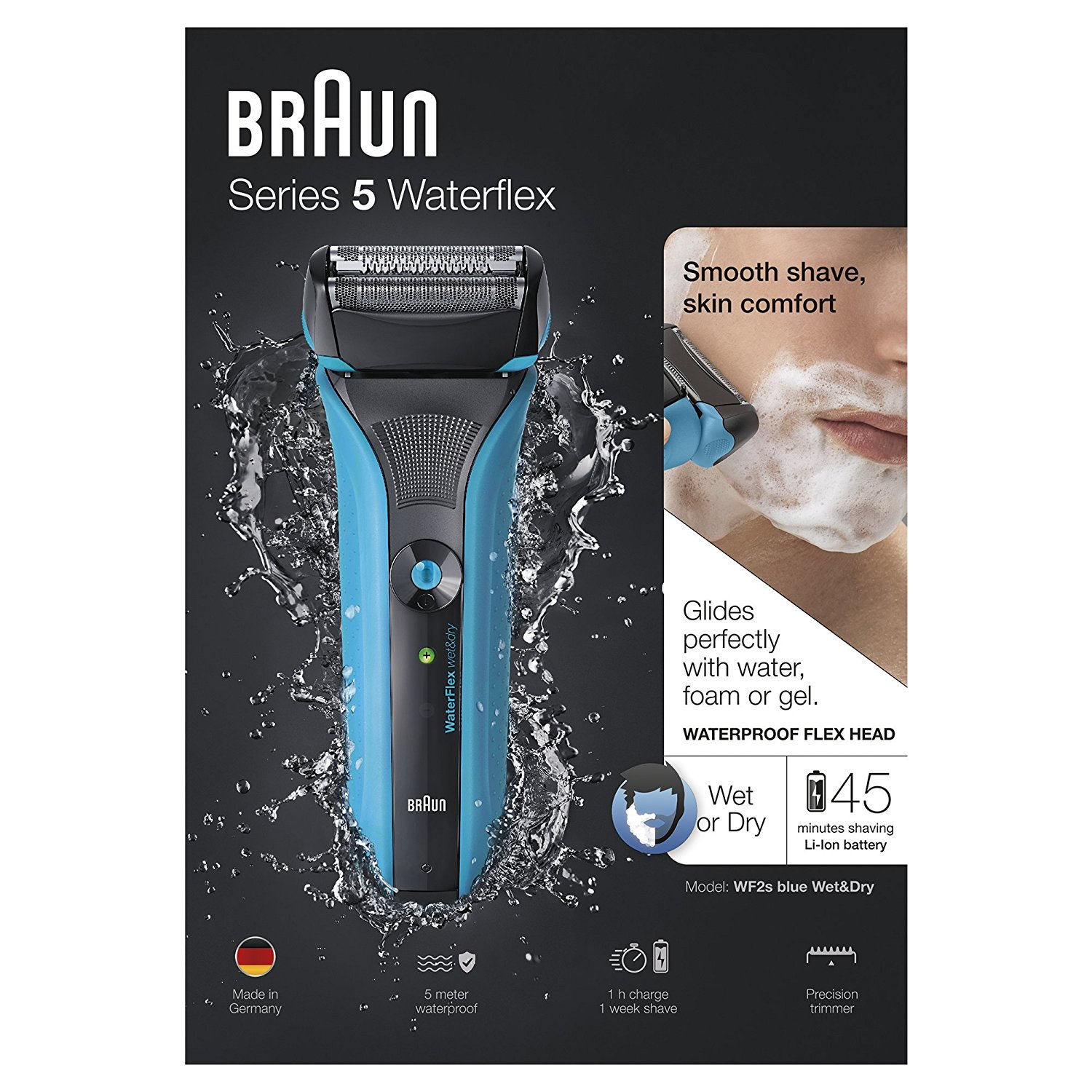Afeitadora - Braun WF2s Serie 5 WaterFlex, Wet and Dry, Cabezal oscilante, Optiblade, Uso en seco y
