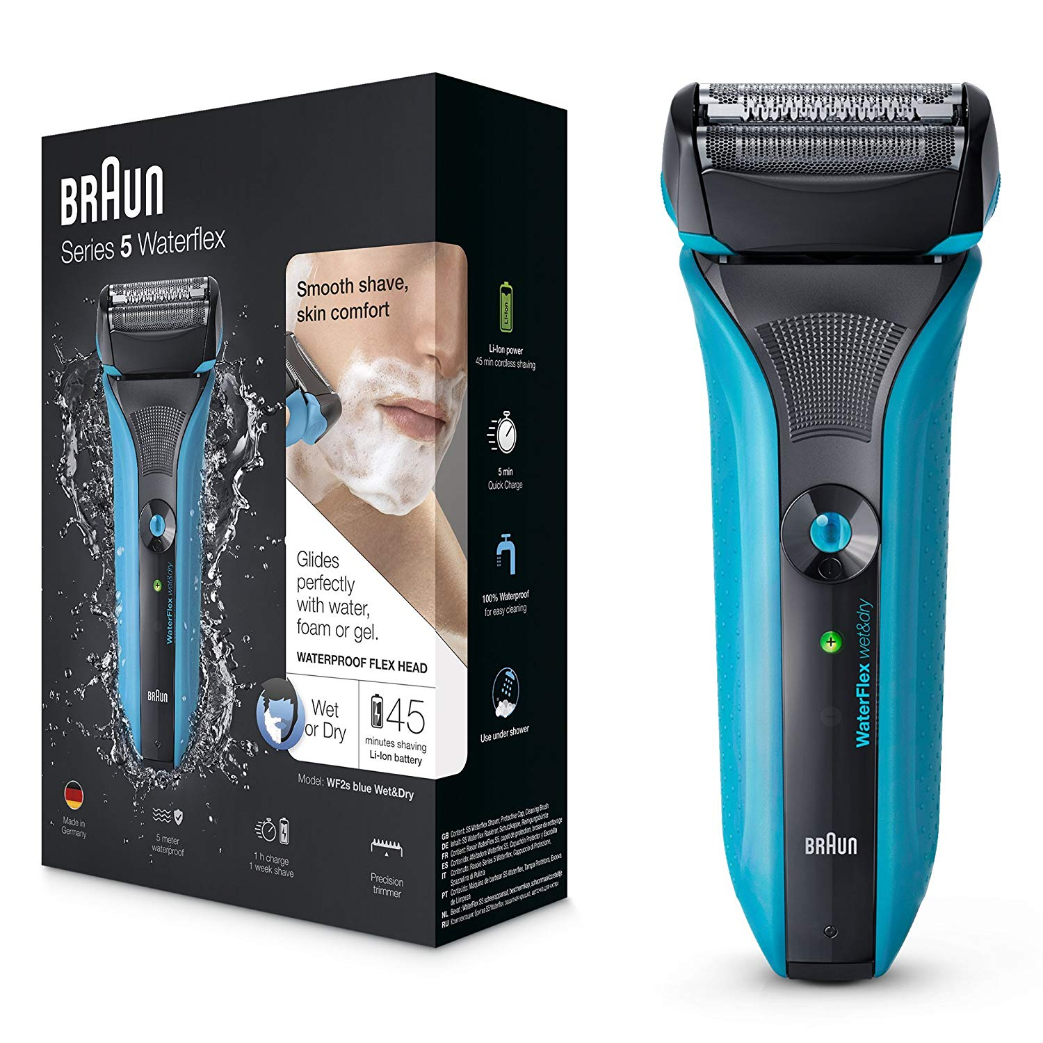 Afeitadora - Braun WF2s Serie 5 WaterFlex, Wet and Dry, Cabezal oscilante, Optiblade, Uso en seco y