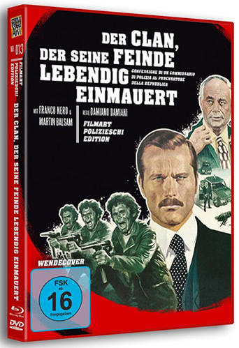 Ein Filmcover mit einem Männergesicht und dem Titel "DER CLAN, DER SEINE FEINDE LEBENDIG EINMAUERT".