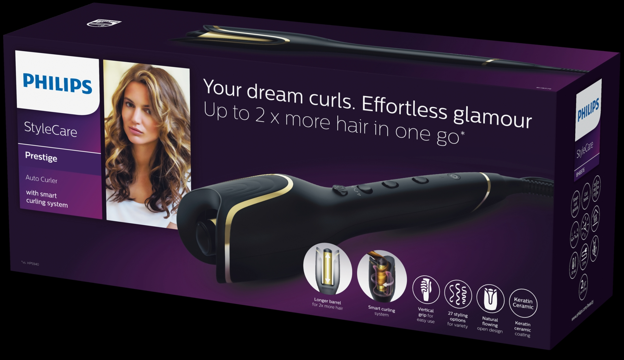 Philips StyleCare Prestige Auto-Lockenwickler-Box mit Frauenbild, Produktdetails.