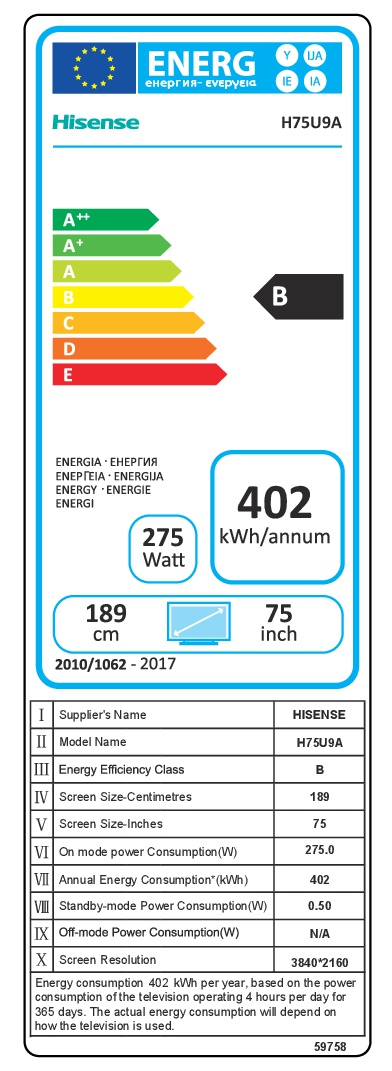 TV ULED 75" - Hisense H75U9A Ultra HD 4K HDR Supreme Quantum Dot Color Local Dimming, Smart TV