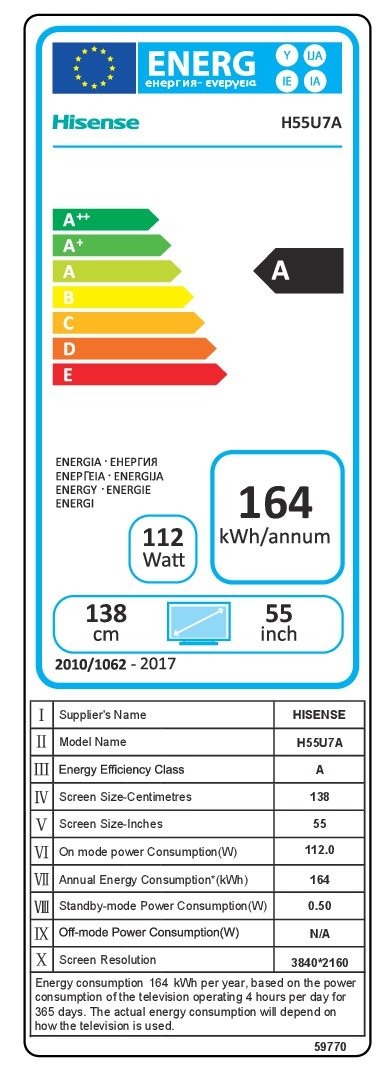 TV ULED 55" - Hisense H55U7A, Ultra HD 4K, HDR Plus, Ultra Colour, Local Dimming, Smart TV VIDAA U
