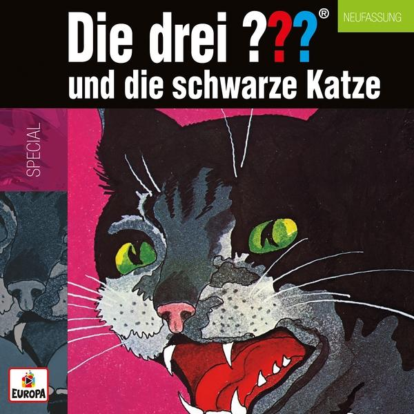Schwarze Katze mit offenem Mund auf pinkem Hintergrund. Deutscher Text oben.