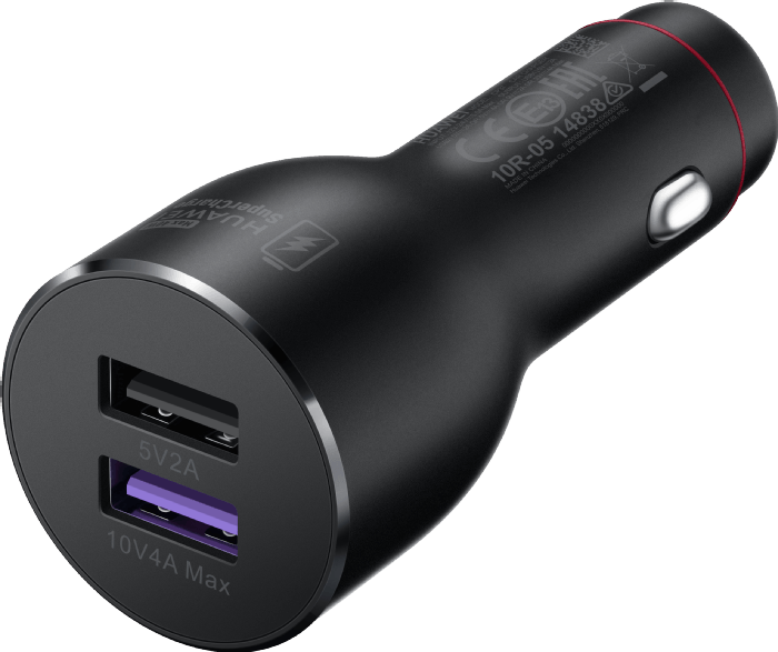 Fekete Huawei autós töltő két USB porttal. A portok 5V2A és 10V4A Max.