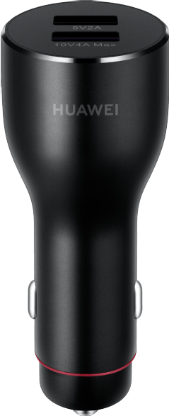 Egy fekete Huawei autós töltő két USB porttal. A talpán piros díszcsík látható.