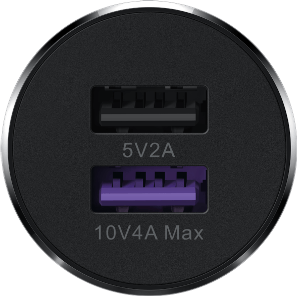 Fekete autós töltő két USB-porttal: egy fekete és egy lila. Szöveg: 5V2A és 10V4A Max.
