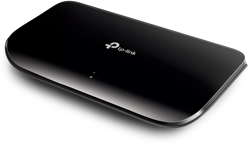 Egy fekete TP-Link router fehér felületen. Van rajta egy bekapcsolásjelző lámpa és a TP-Link logó.