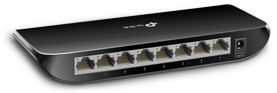 Fekete TP-Link hálózati switch portokkal.