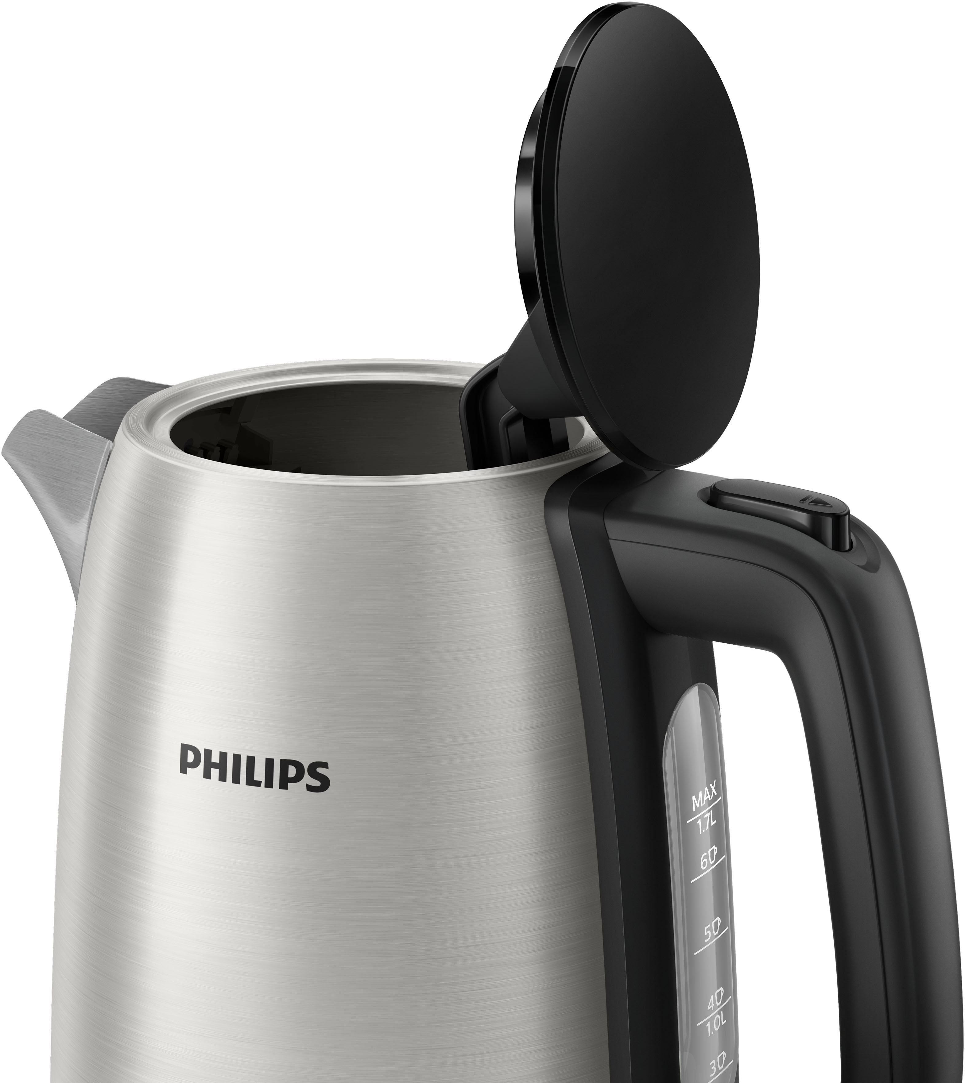 Ein Philips Wasserkocher aus Edelstahl mit geöffnetem Deckel, der das Innere zeigt.