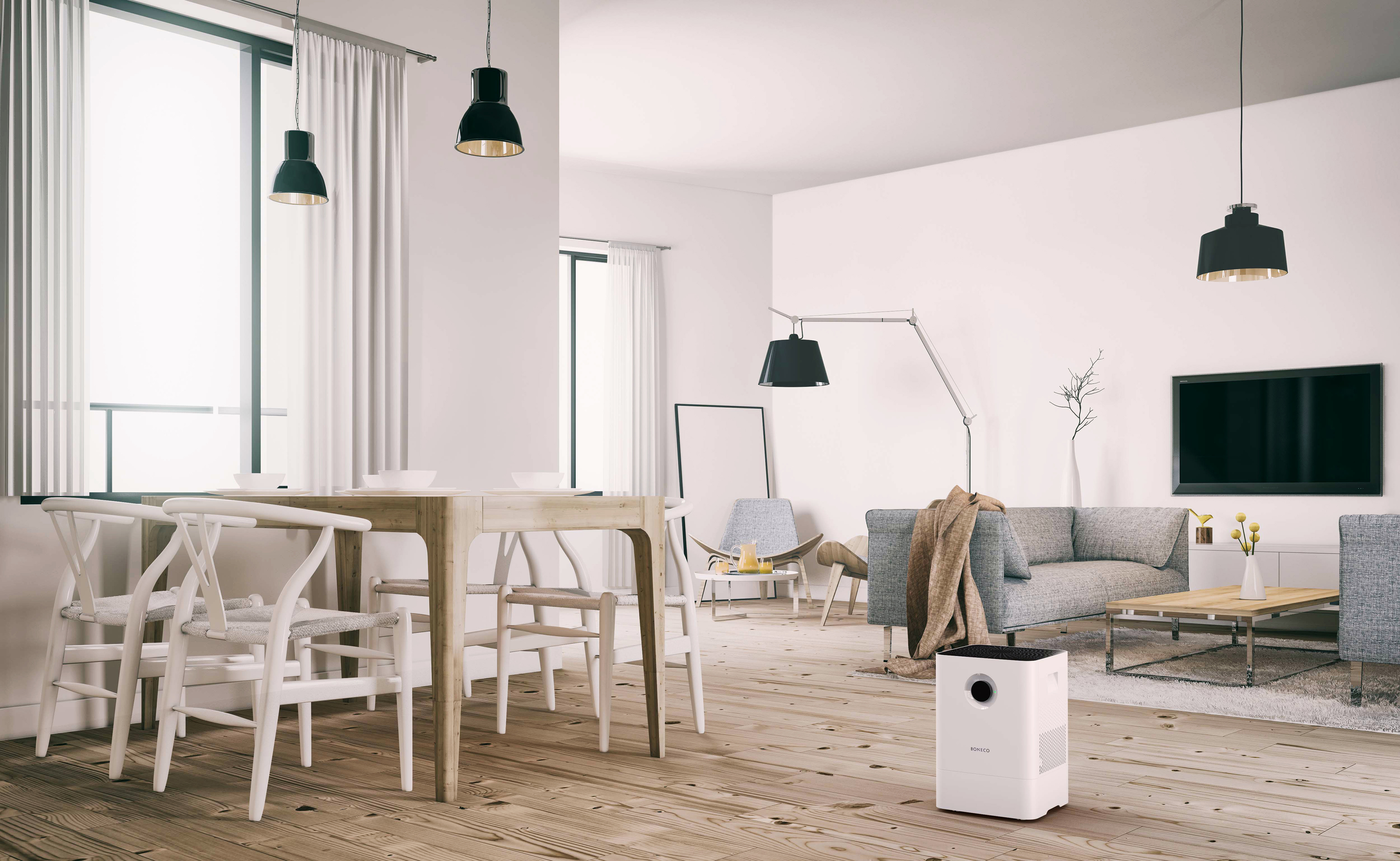 Modernes Wohnzimmerinterieur mit Möbeln, weißen Wänden, Holzboden und Fenster.