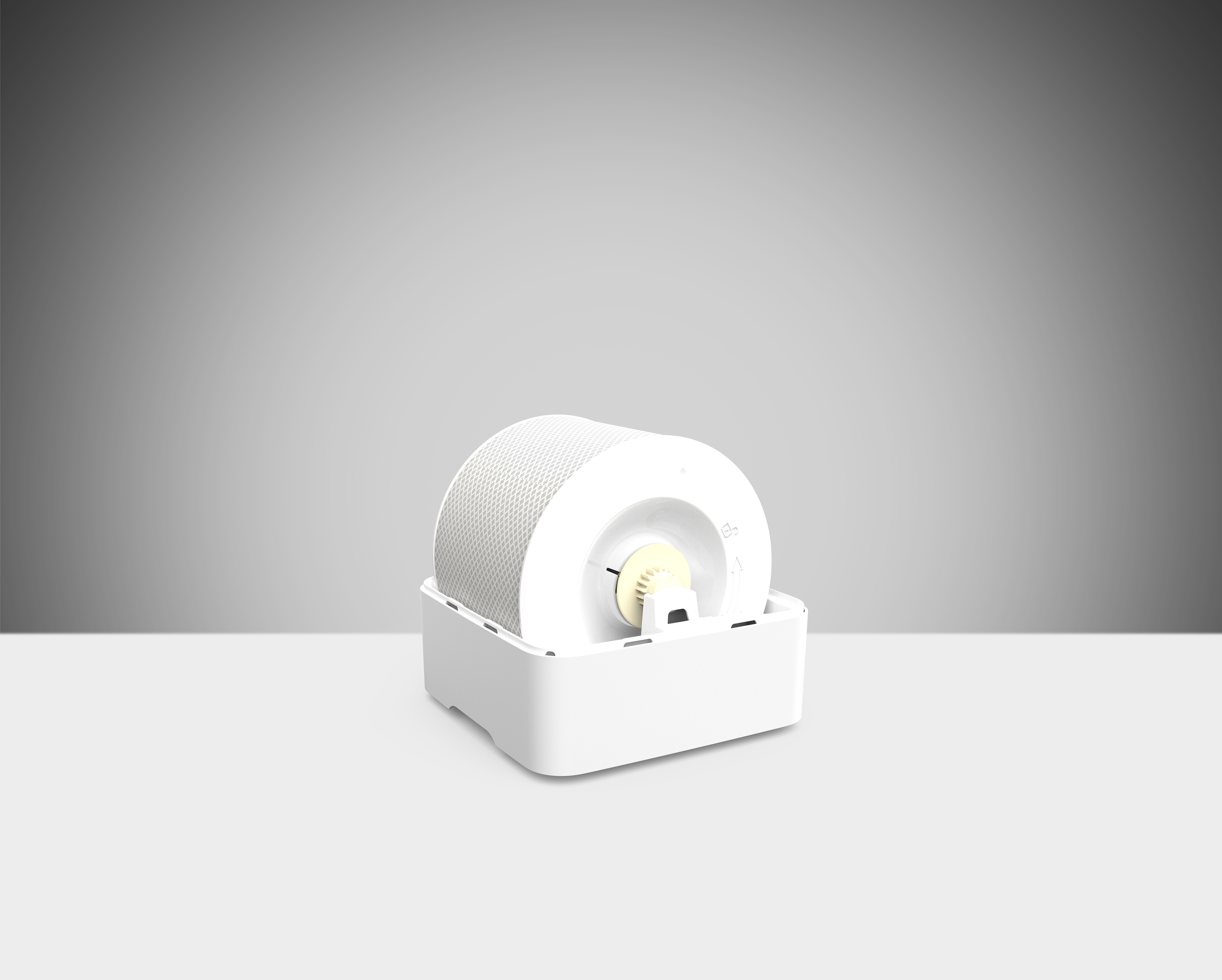 Weißer Luftfilter mit zentraler rotierender Walze und weißer Basis. Der Hintergrund ist grau.