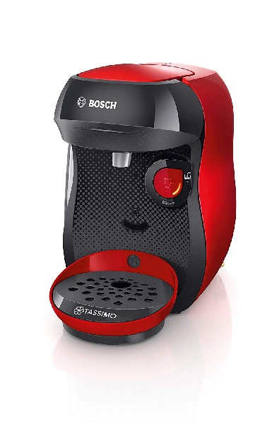 Cafetera Bosch Tassimo roja y negra con bandeja de goteo roja.