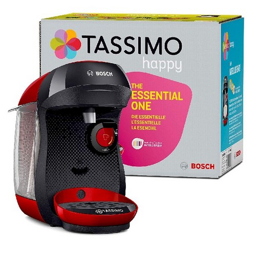 Cafetera Tassimo roja y negra con una caja. La caja tiene logo y texto coloridos.