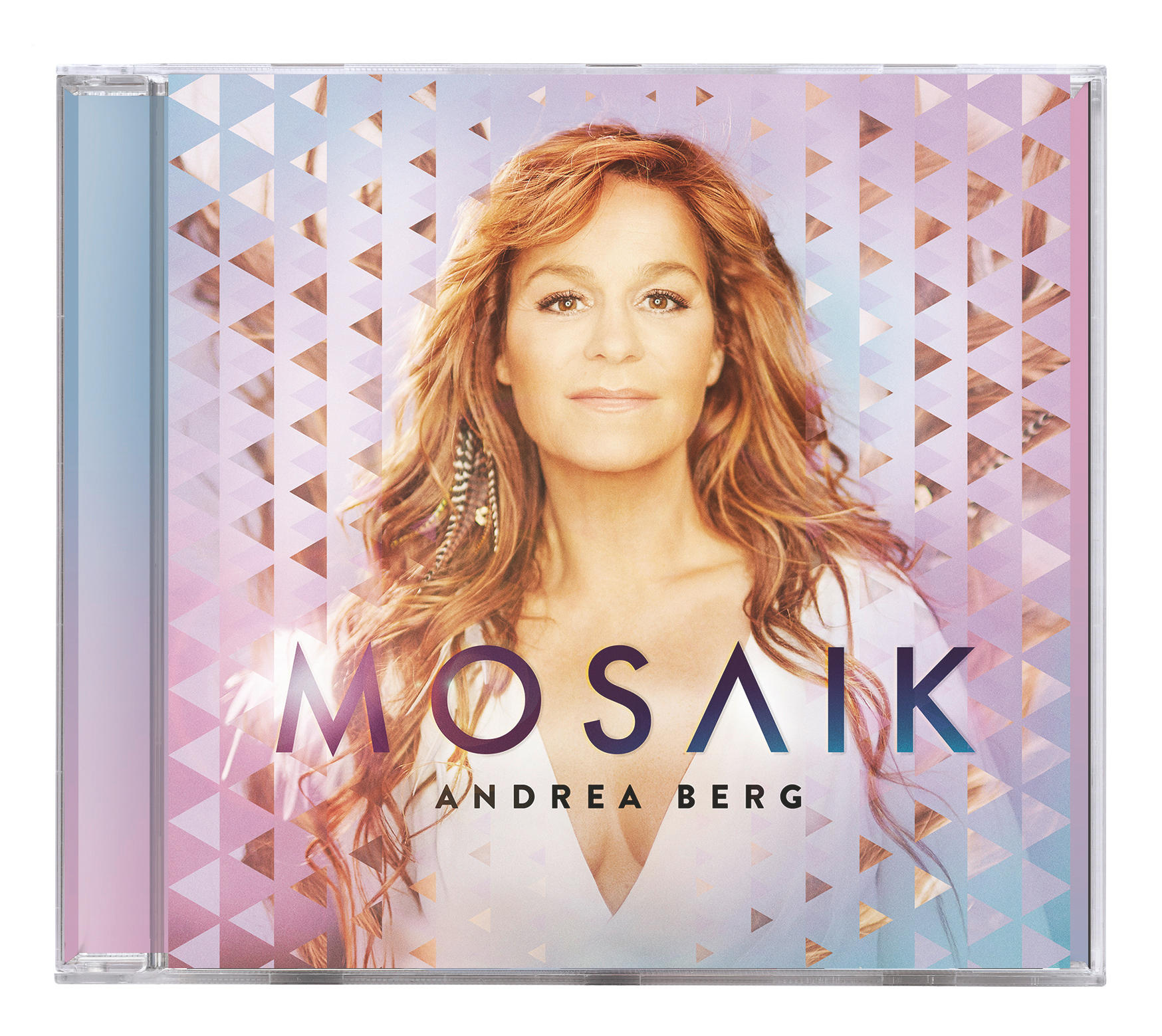 Albumcover für Andrea Bergs Mosaik. Zeigt eine Frau mit langen Haaren vor einem geometrischen Hintergrund.