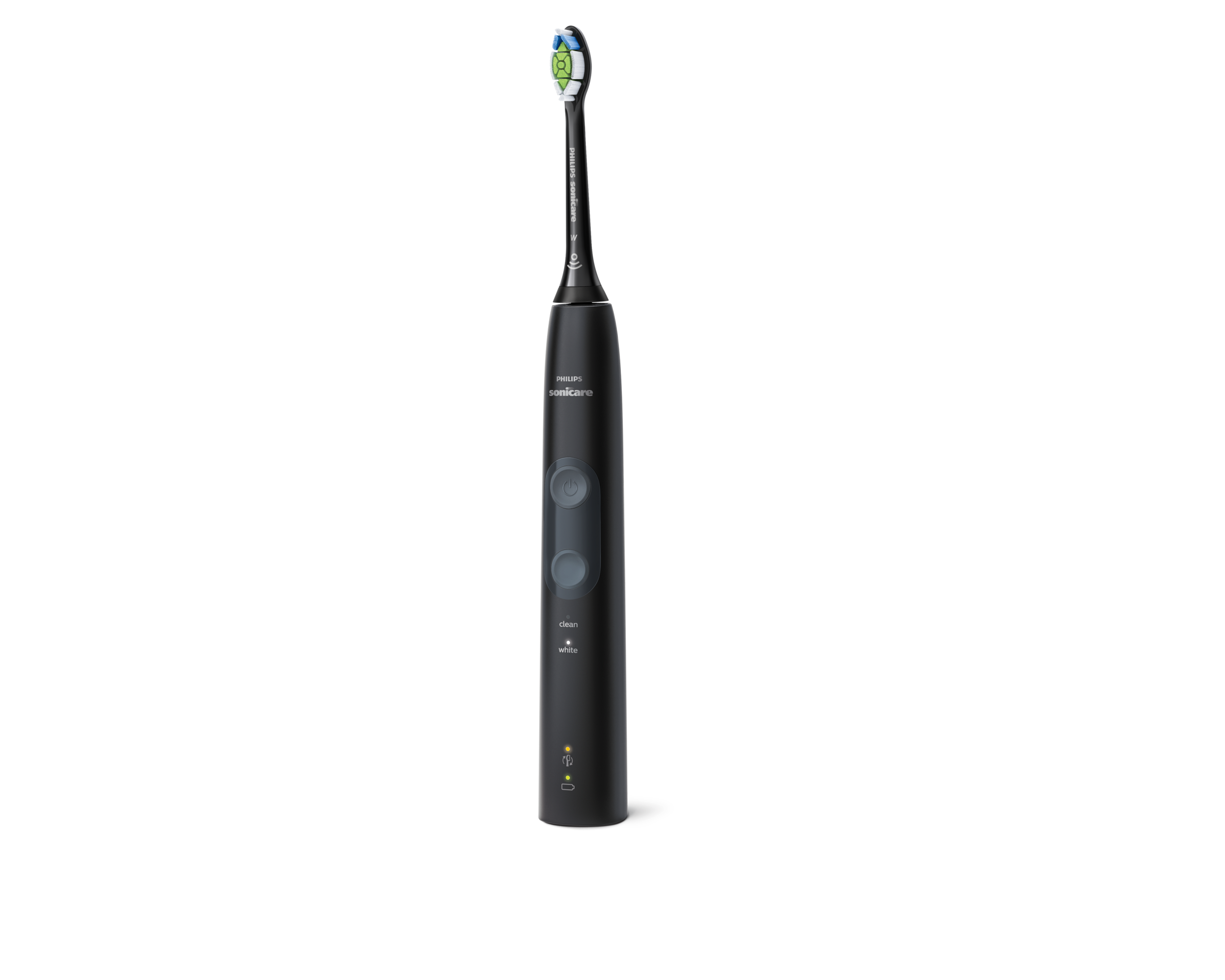Eine schwarze elektrische Zahnbürste von Philips Sonicare mit Ladestation auf schwarzem Hintergrund.