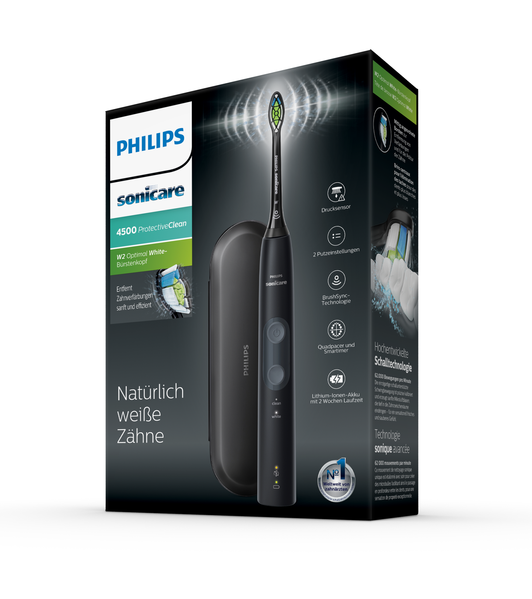 Schwarze Philips Sonicare Zahnbürste und Etui mit Produktbox.