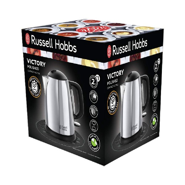 Embalaje del hervidor Russell Hobbs Victory. Imagen, título y características en la caja.