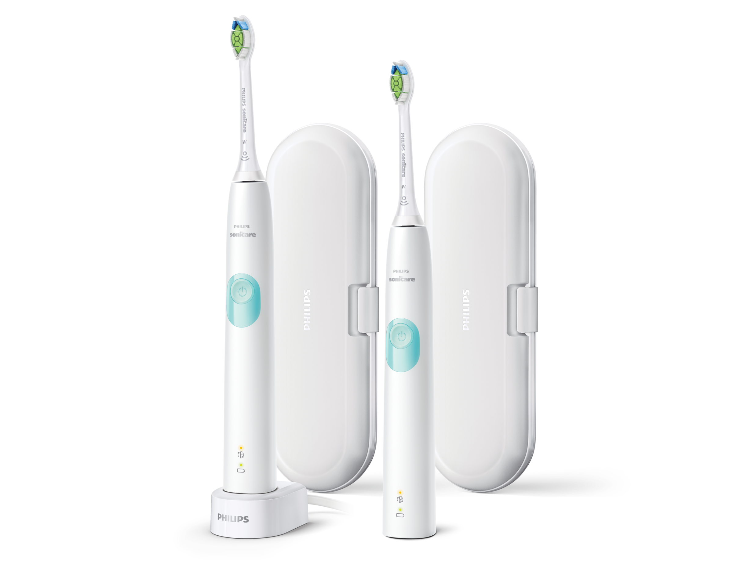 Zwei weiße elektrische Zahnbürsten von Philips Sonicare mit Etuis und Ladestation.