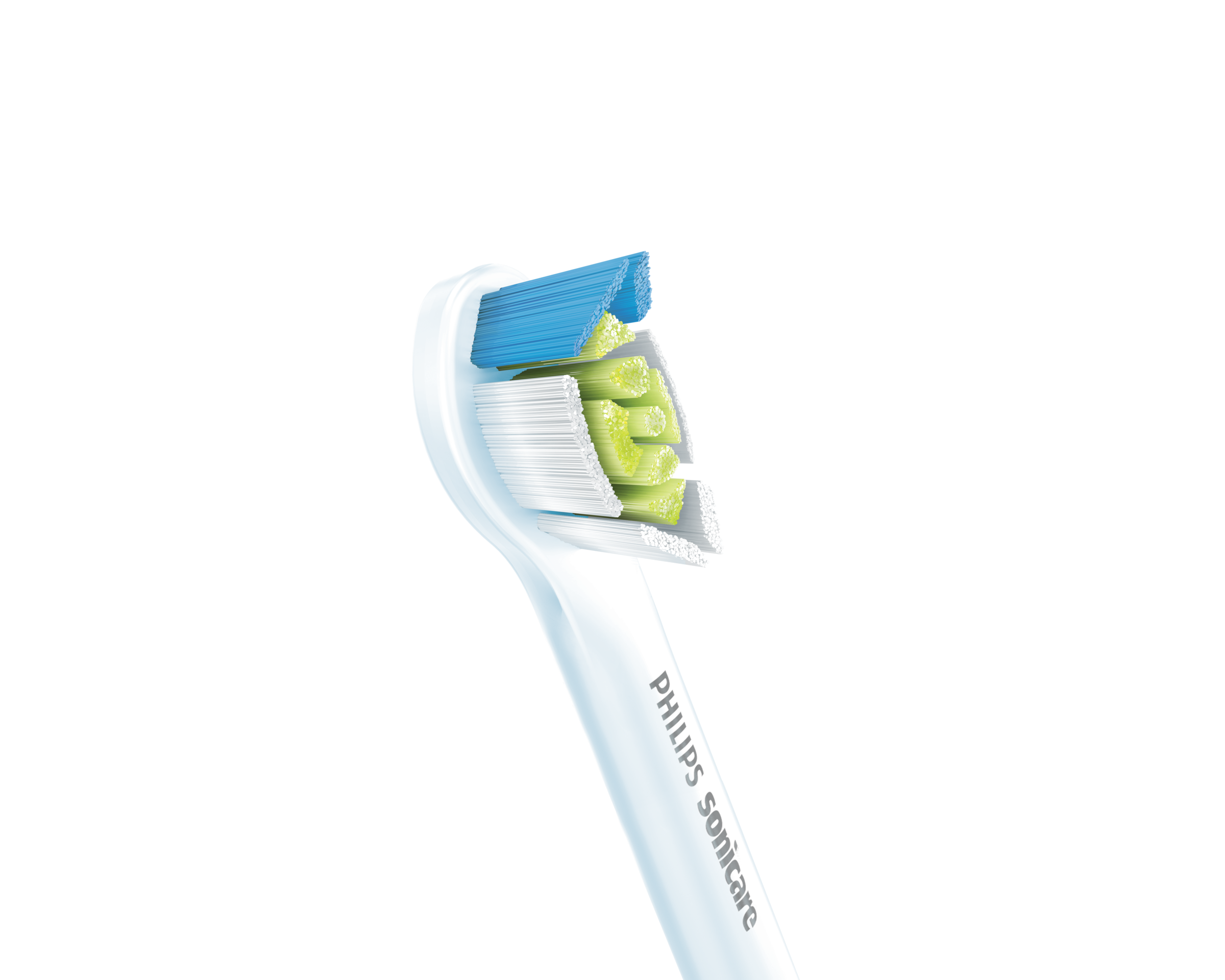 Weißer Zahnbürstenkopf mit grünen und blauen Borsten. Philips Sonicare Logo.