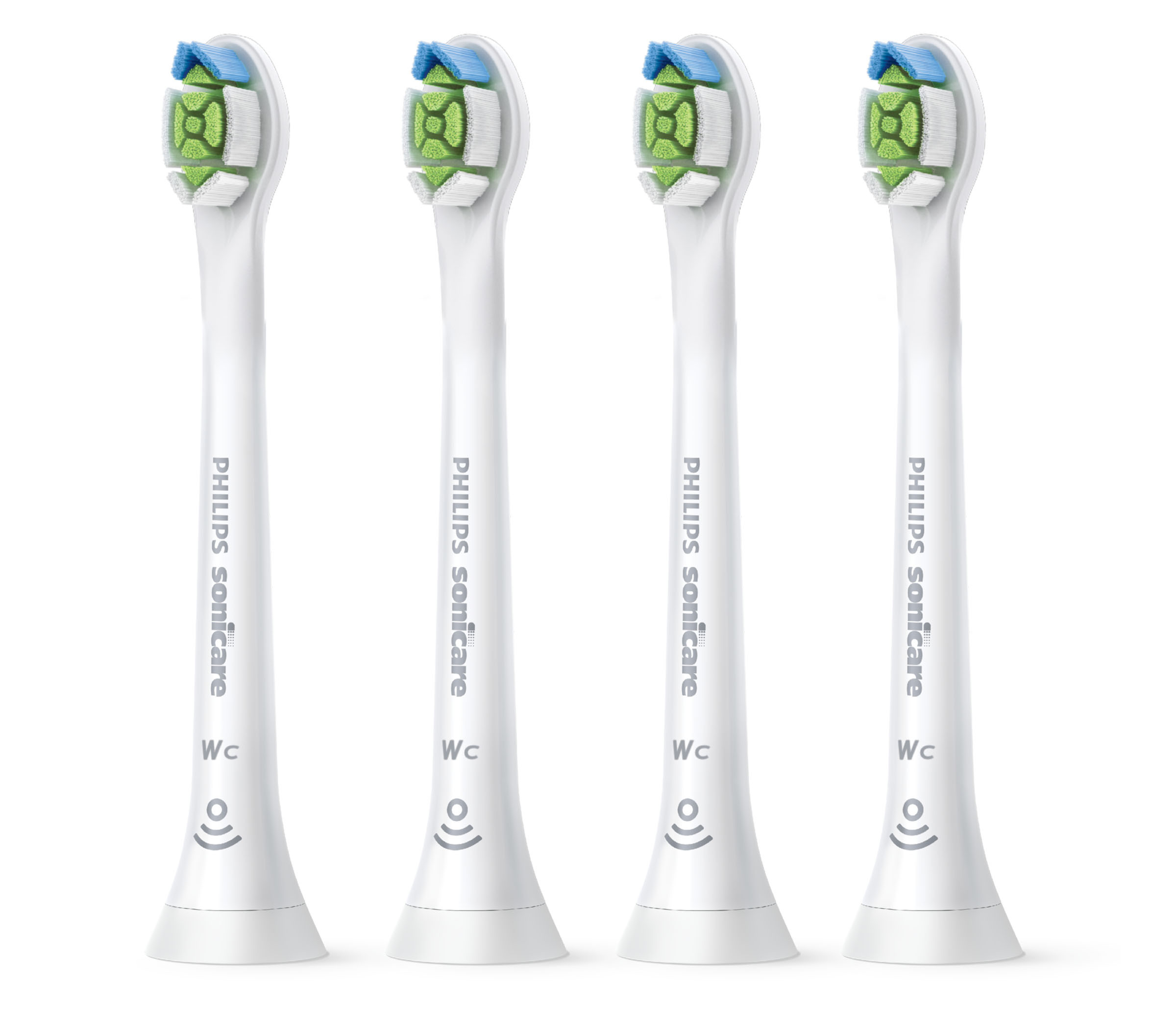 Vier weiße Philips Sonicare Zahnbürstenköpfe. Sie haben blaue und grüne Borsten und sind auf weißem Hintergrund.